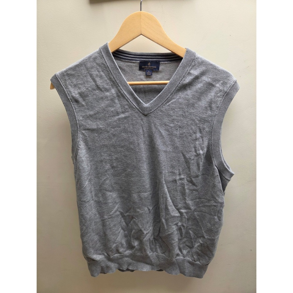 Brooks Brothers Mens Supima Cotton V-Neck Sweater Vest Gray Large Classic Preppy